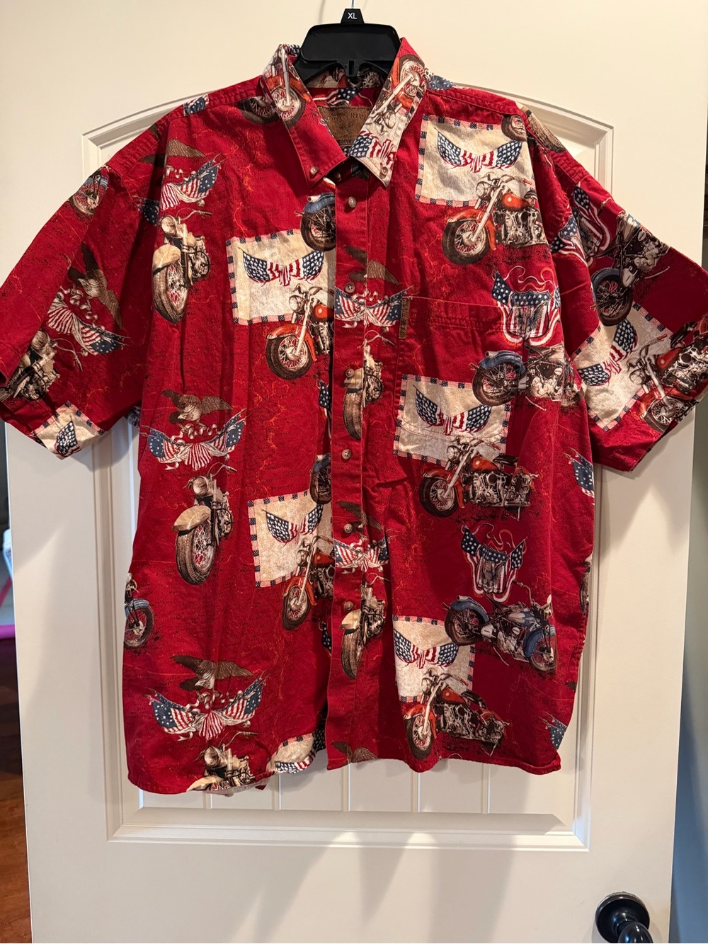 Red Short-Sleeve Button-Down Shirt with Motorcycle & Flag Print